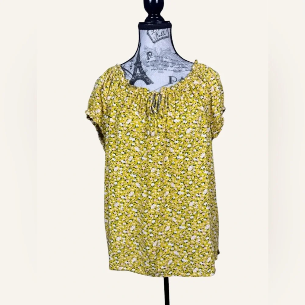Old Navy Yellow Floral Cottagecore Peasant Blouse Tie Neck Rayon Top L